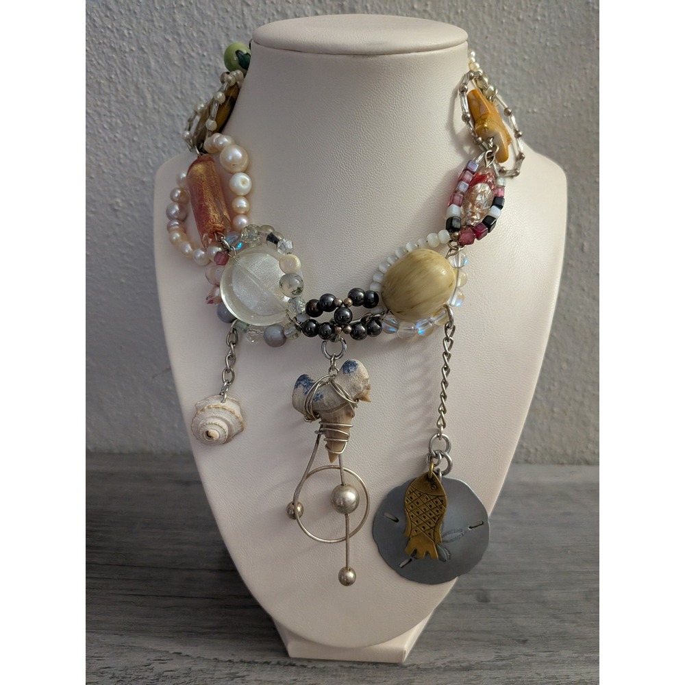 Artisan Mixed Media Statement Necklace Sea Shell Shark Tooth Pearl Sand Dollar